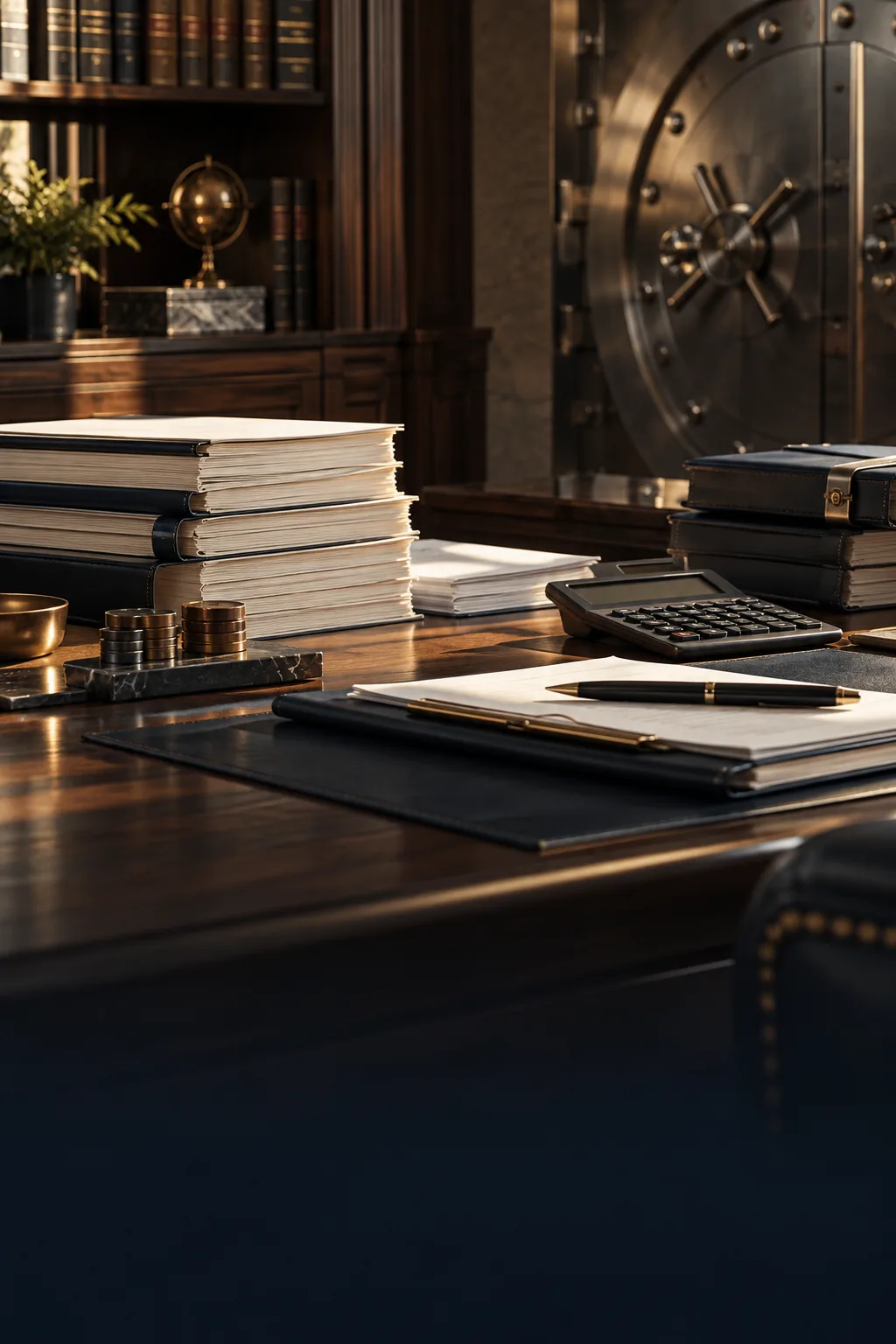 Financial case files, calculator, ledgers, and vault representing banking and restructuring matters