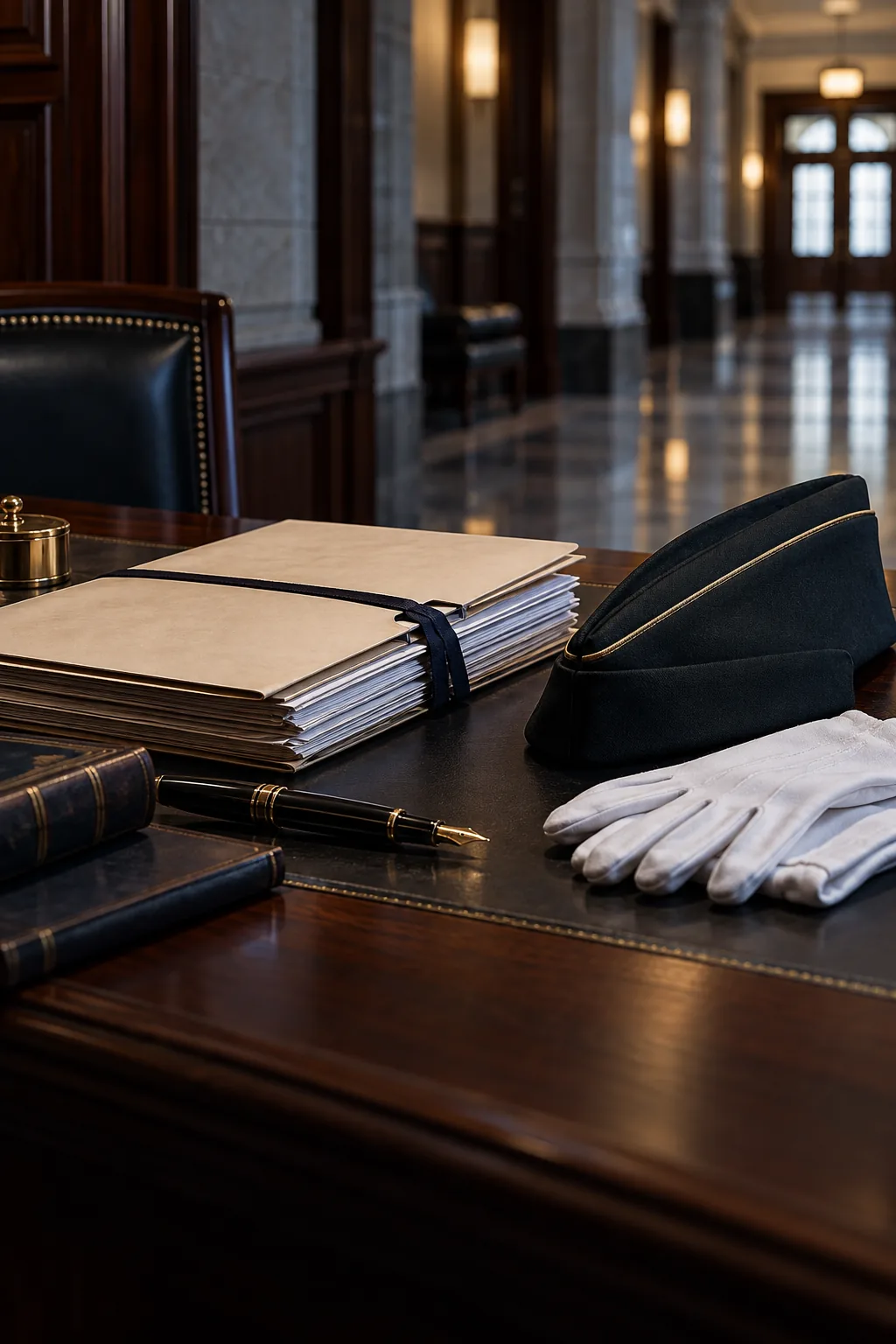 Criminal case files and an unmarked service cap prepared outside a formal court corridor