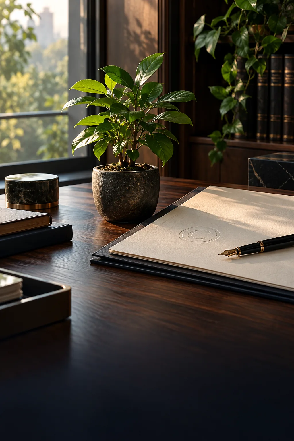 Green plant, legal documents, and fountain pen representing environmental and intellectual property rights