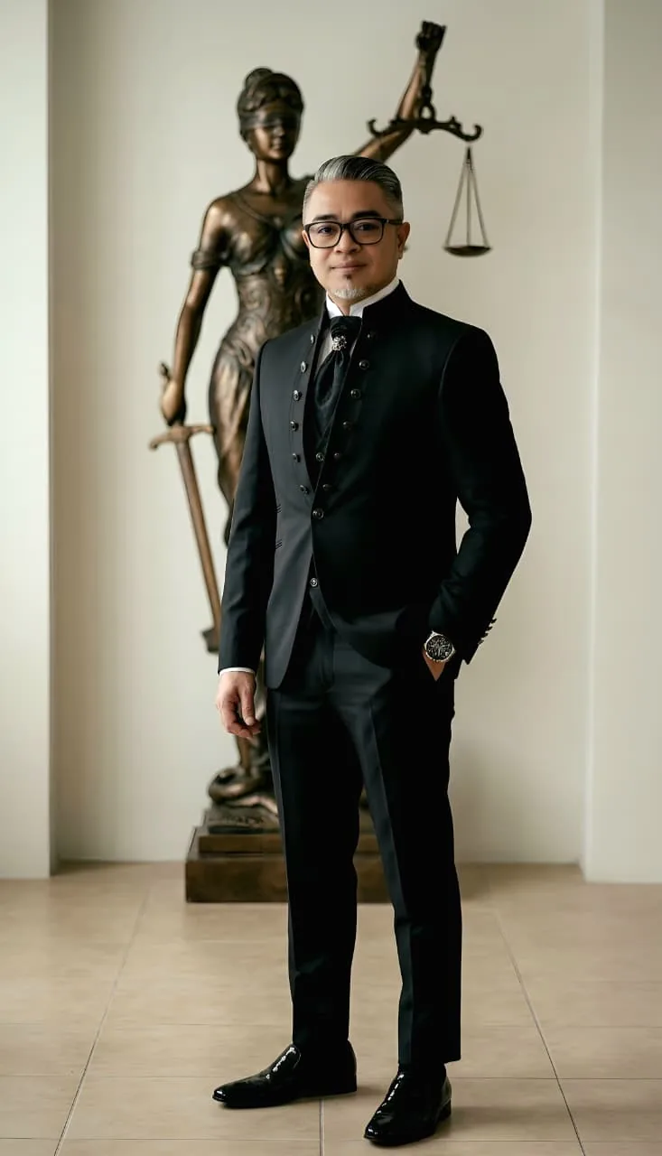 Eduardo Sitompoel standing before a statue of Lady Justice