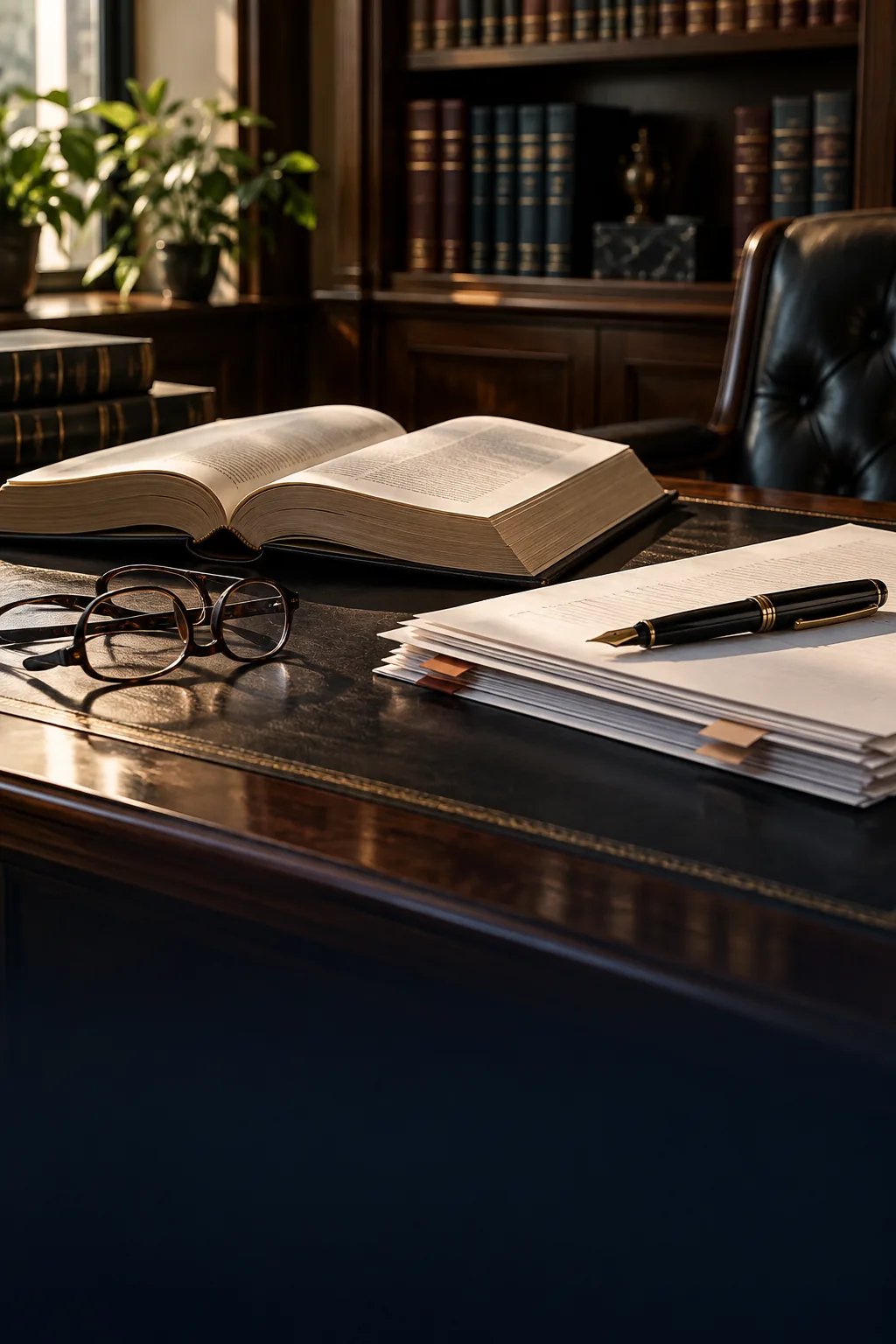 Open legal reference book, reading glasses, and counsel documents on a private office desk