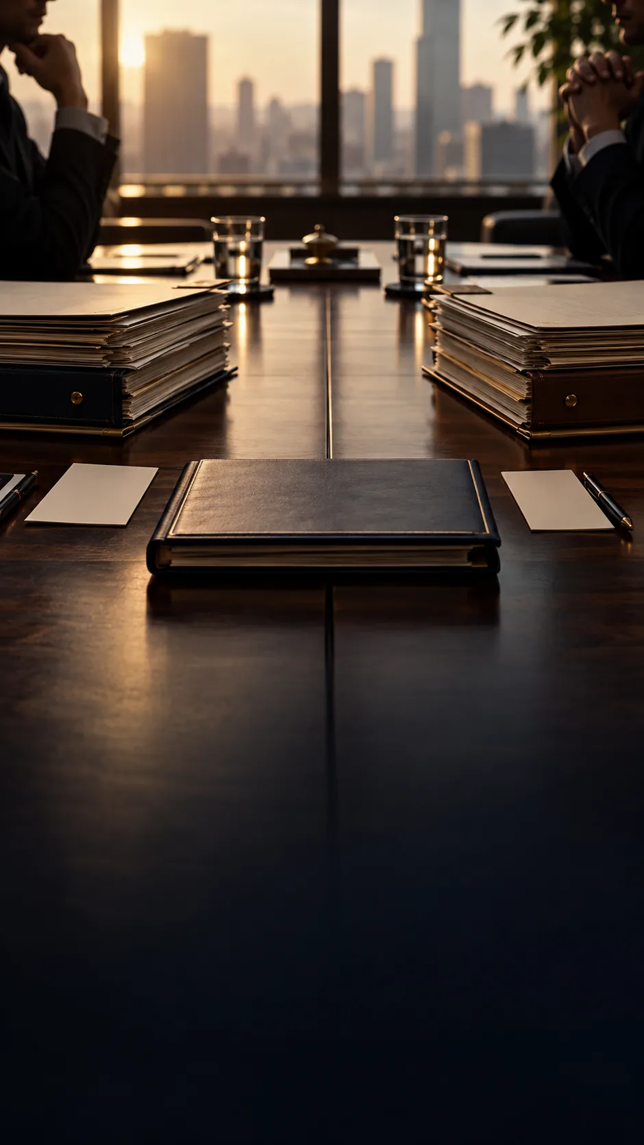 Opposing shareholder case files arranged across a corporate boardroom table