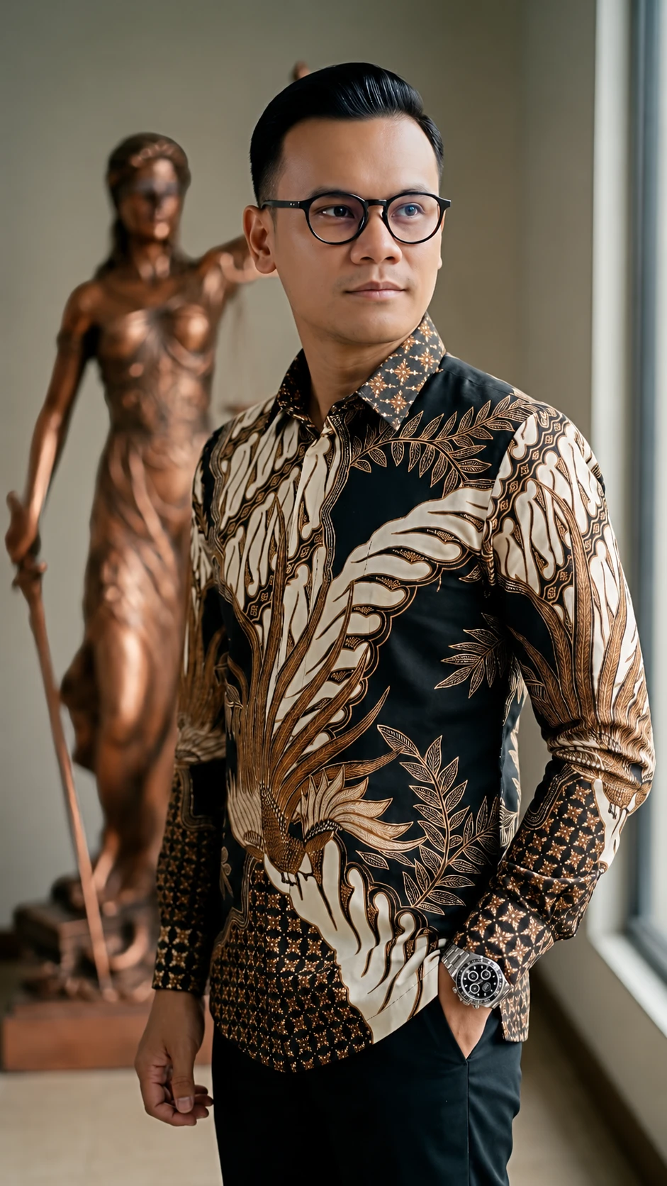 Yervant Sitompoel wearing batik beside a statue of Lady Justice